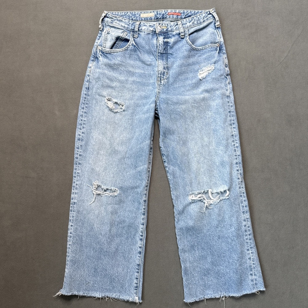 Pilcro Jeans Womens 29 Blue Distressed High Rise Straight Wide Leg Ankle Raw Hem